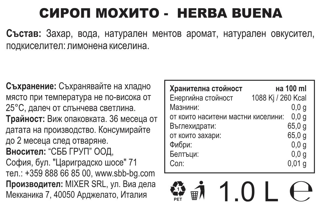 Mixer Сироп Мохито 1L Premium Bar Syrup Hierba Buena